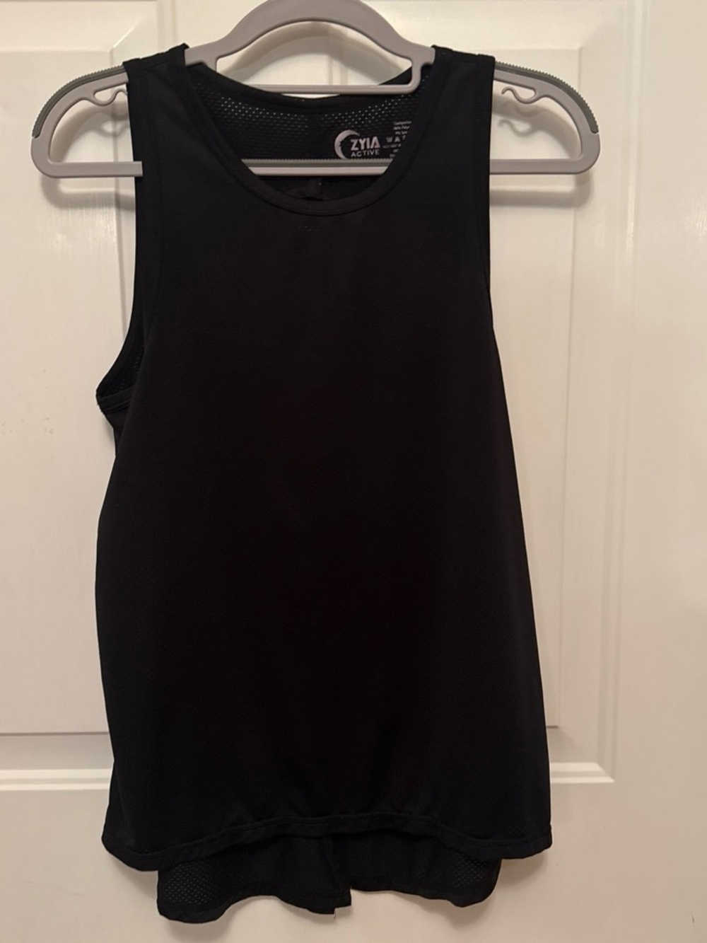 Zyia Active Women's Black Sleeveless Mesh Tank open back, tie back hem medium